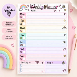 Op de afbeelding: Een weekplanner-blad met pastelkleurige rijen voor elke dag van de week, gelabeld van maandag tot zondag. Het ontwerp bevat illustraties van regenbogen, bloemen, sterren en hartjes, met secties voor een to-do lijst en notities.