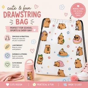 Cute Capybara Drawstring Bag | Kawaii Gym Bag | Capybara Backpack | Kids Sports Bag |  School PE Bag
