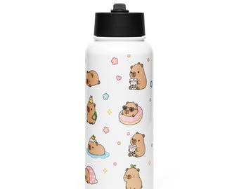 Niedliche Wasserschwein-Trinkflasche | Edelstahl-Trinkflasche mit Strohhalmdeckel | Kawaii-Becher | Trinkflasche mit Wasserschwein-Motiv | Süßes Geschenk