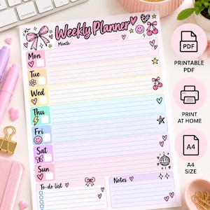 Op de afbeelding: Een weekplanner-blad met pastelkleurige dagsecties, selectievakjes en decoratieve iconen zoals strikjes, hartjes, sterren en een discobal. De tekst bevat Weekly Planner, Month, Mon, Tue, Wed, Thu, Fri, Sat, Sun, To-do list en Notes.