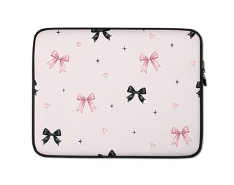 Kokette Laptoptasche | Laptop-Hülle mit rosa-schwarzer Schleife | Niedliche, ästhetische Laptop-Hülle | Schützende Laptoptasche | Geschenk für Teenager und Studenten