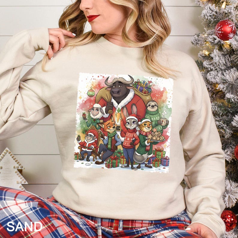 Op de afbeelding: Zandkleurige sweatshirt met een kleurrijke afbeelding van cartoon dieren in feestelijke kleding, waaronder een stier met een kerstmuts, een vos en een konijn. De afbeelding is omgeven door kerstcadeaus en een aquarel achtergrond.