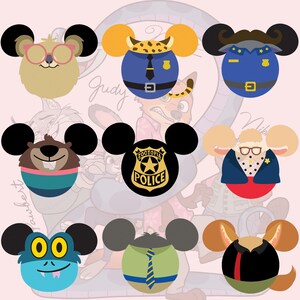 Op de afbeelding: Een verzameling cartoonpersonage-ontwerpen ge&iuml;nspireerd op de film Zootopia. Elk ontwerp heeft een rond gezicht met Mickey Mouse-oren, die verschillende personages uitbeelden in politie-uniformen, zakelijke kleding en andere outfits. Het kleurenpalet omvat blauw, groen, bruin en geel.