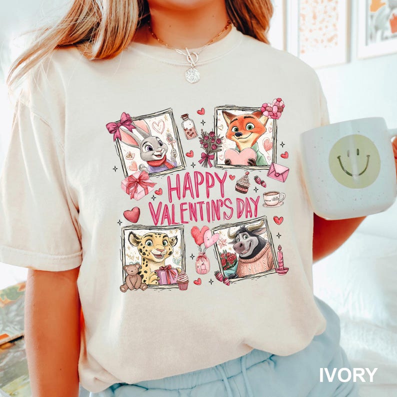May include: Ivory-colored t-shirt featuring a Valentine's Day design with cartoon animals in framed illustrations. The design includes a rabbit, fox, cheetah, and bull, along with hearts, gifts, and the text "Happy Valentine's Day."