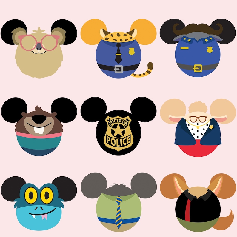 May include: Nine cartoon mouse head designs with Mickey Mouse ears, in various styles. Characters include a police officer, a beaver, a monster, and others, all on a light pink background. The designs are colourful and whimsical.