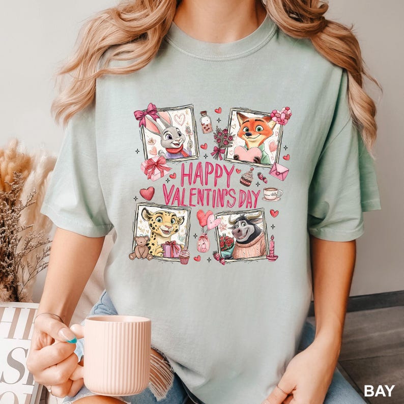 May include: A light green t-shirt featuring four framed cartoon characters with Valentine's Day themes. The words "Happy Valentine's Day" are printed in pink. The shirt is a solid color.