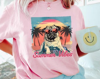Summer Vibes Pug Beach Shirt, Comfort Colors, Cute Dog Sunset Palm Trees Shirt, Tropical Vacation Puppy Graphic Shirt, Holidays Shirt 165951