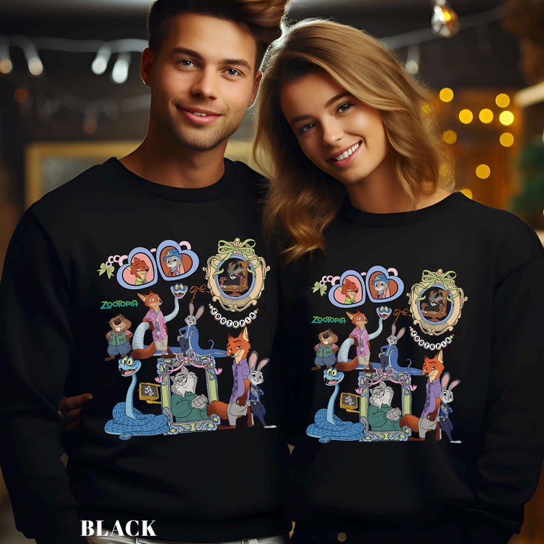 May include: Black sweatshirt with a vibrant Zootopia-themed graphic. The design showcases characters such as Nick Wilde and Judy Hopps, set within decorative frames. The word "Zootopia" is written in green below the central image.
