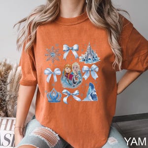 May include: Burnt orange t-shirt featuring a graphic of characters from the animated film Frozen. The design includes Elsa, Anna, Olaf, a castle, snowflakes, and bows in shades of blue and white. The text "YAM" is visible in the lower right corner.