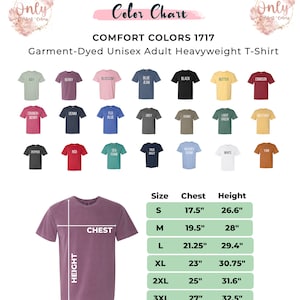May include: Color chart for unisex adult heavyweight t-shirts in various colors. The chart shows 18 different colors with names like Berry, Sea Foam, and Washed Denim. A size chart is also included, showing chest and height measurements in inches for sizes S through 3XL.