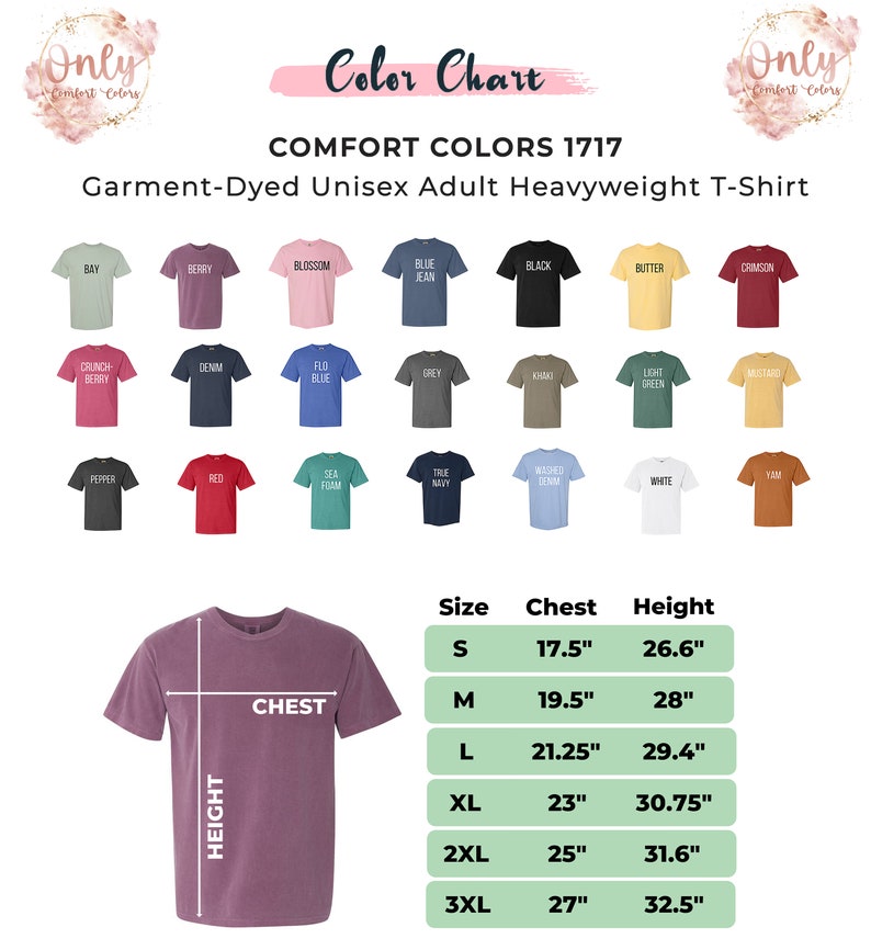 May include: Color chart for unisex adult heavyweight t-shirts in various colors. The chart shows 18 different colors with names like Berry, Sea Foam, and Washed Denim. A size chart is also included, showing chest and height measurements in inches for sizes S through 3XL.