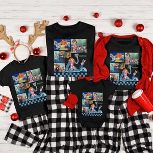 以下が含まれることがあります： アニメ映画「ズートピア」のカラフルなグラフィックが特徴の黒いTシャツとベビーボディスーツ。ニック・ワイルドやジュディ・ホップスなどのキャラクターが登場します。シャツは、白と黒のチェック柄のパジャマパンツと組み合わせています。