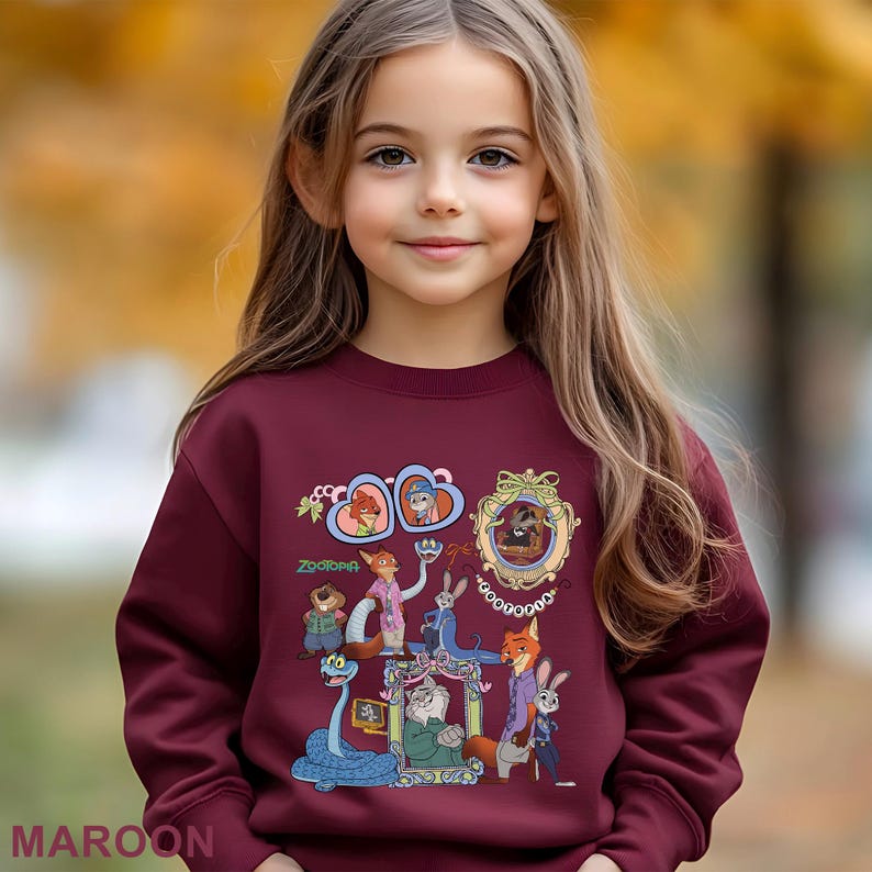 May include: A maroon sweatshirt with a colourful Zootopia character design. The design includes various characters in ornate frames and the word "Zootopia". The word "MAROON" is printed at the bottom of the sweatshirt.
