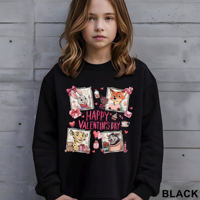 May include: Black sweatshirt featuring four cartoon character portraits with Valentine's Day themes. The words "Happy Valentine's Day" are in pink. The word "BLACK" is at the bottom right.