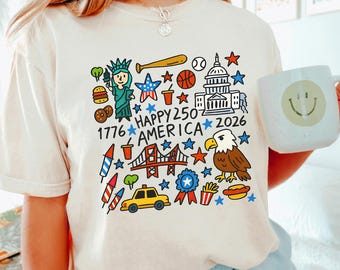 4Th Of July Child Doodle Happy 250 Years Shirt, Comfort Colors Retro 4Th Of July Child Doodle Happy 250 Years Graphic Tee 166606
