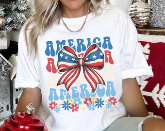 Coquette Floral America Shirt, Comfort Colors, Coquette USA Shirt, 4th July Party Shirt, Girly American Shirt, Independence Day Tee 165306