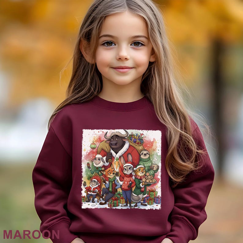 Op de afbeelding: Een bordeauxrode sweatshirt met een kleurrijke vakantiegrafiek. De afbeelding toont stripfiguren in feestelijke kleding, omringd door cadeaus. Het woord "MAROON" staat onderaan de sweatshirt.