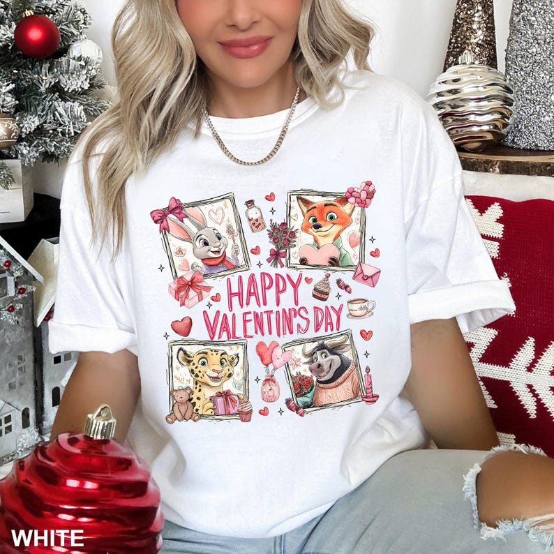 May include: White t-shirt featuring a Valentine's Day design. The design includes cartoon characters in frames, hearts, gifts, and the text "Happy Valentine's Day". The shirt is a casual, everyday wear item.