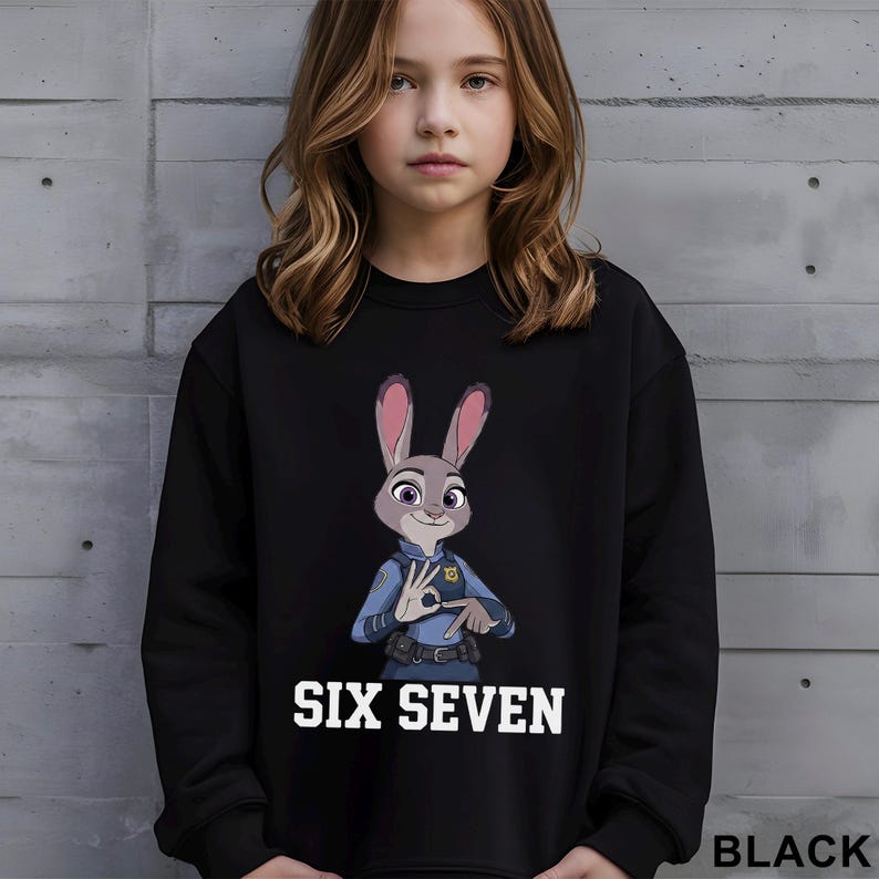 May include: Black sweatshirt featuring a cartoon image of Judy Hopps from Zootopia, in a police uniform, with the text "SIX SEVEN" in white. The word "BLACK" is printed in the lower right corner. The sweatshirt is worn by a young person.