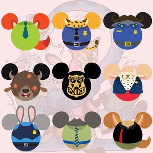 Op de afbeelding: Negen kleurrijke cartoonkarakterontwerpen ge&iuml;nspireerd op de film Zootopia. Elk ontwerp heeft een ronde kop met Mickey Mouse oren, die verschillende personages in politie-uniformen, pakken en dierlijke kenmerken uitbeelden. De ontwerpen staan tegen een lichtroze achtergrond.