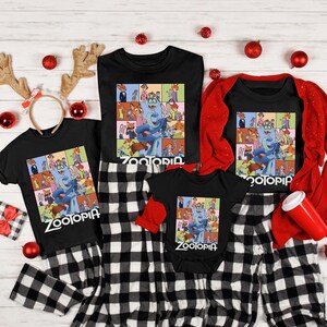 May include: Black t-shirts and a onesie featuring a colorful graphic from the movie Zootopia. The shirts have the word "Zootopia" printed in white. The outfits are paired with black and white checkered pajama pants.