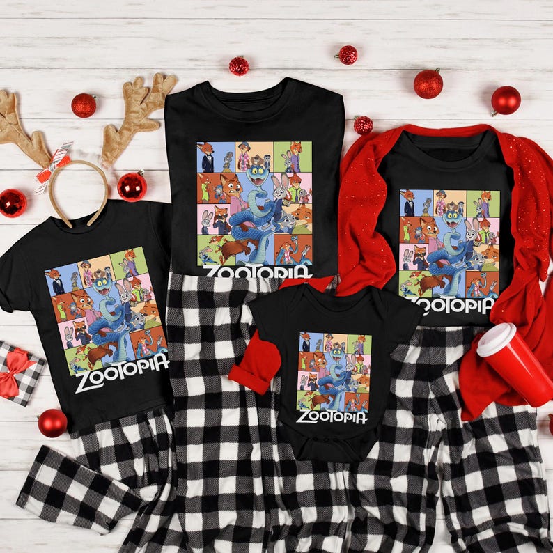 May include: Black t-shirts and a onesie featuring a colorful graphic from the movie Zootopia. The shirts have the word "Zootopia" printed in white. The outfits are paired with black and white checkered pajama pants.