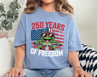 Camiseta de rana "250 años de libertad", Comfort Colors, divertida camiseta patriótica para motociclistas, camiseta de rana del 4 de julio, camiseta de moto "USA Freedom" 165002