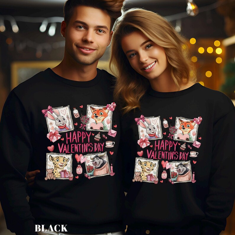 May include: Black sweatshirts with a Valentine's Day design. The design features cartoon characters in frames, pink hearts, and the text "Happy Valentine's Day". The sweatshirts are worn by a couple.