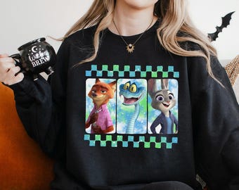 Checkered Disney Zootopia 2 Sweatshirt, Judy Hopps Nick Wilde Gary De'Snake Hoodie, Disneyland Zootopia Crewneck 164507