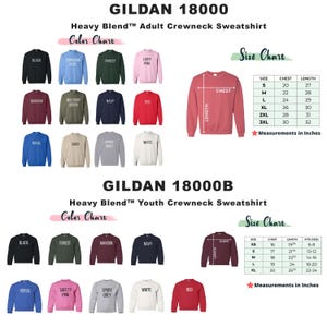 May include: A product image showcasing Gildan 18000 and 18000B Heavy Blend crewneck sweatshirts. The image displays a color chart with various sweatshirt colors, including black, blue, green, pink, and red. Size charts with chest and length measurements in inches are also included.