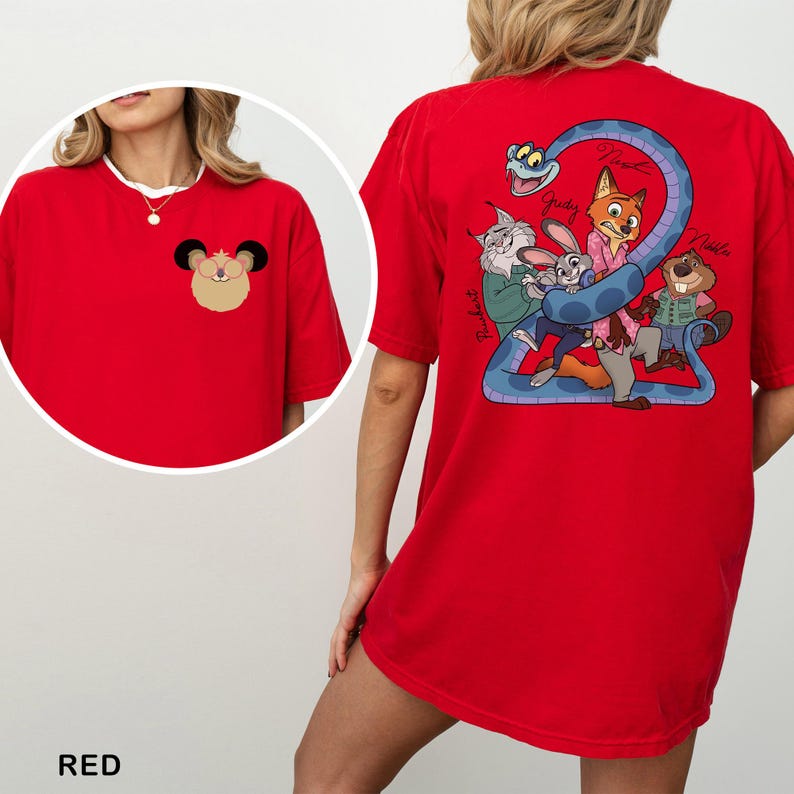 May include: Red t-shirt with a cartoon mouse face on the front and a group of cartoon characters with a blue snake on the back. The word "RED" is at the bottom of the image.