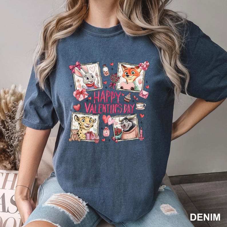 May include: Denim blue t-shirt featuring four cartoon character portraits with Valentine's Day themed elements. The words "HAPPY VALENTINE'S DAY" are printed in pink. The shirt is made of a soft, comfortable material.