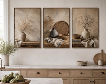 Neutral Farmhouse Wall Art Set of 3 | Rustic Beige Still Life Prints ...
