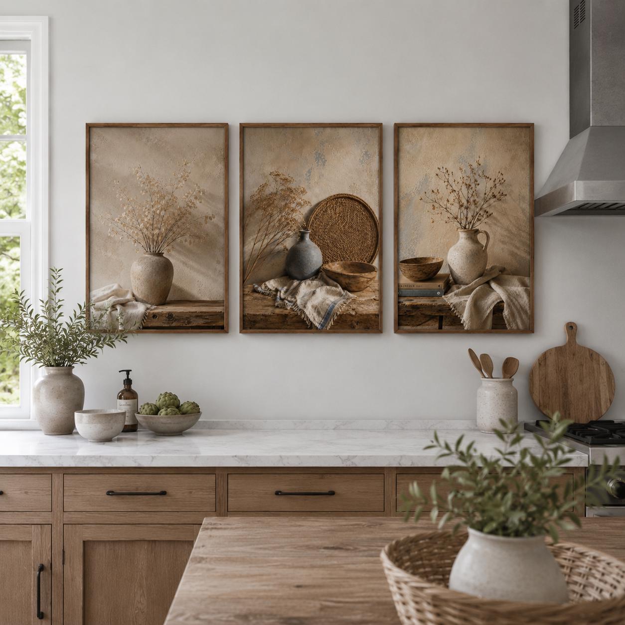 Neutral Farmhouse Wall Art Set of 3 | Rustic Beige Still Life Prints ...