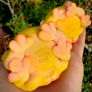 May include: Two yellow frog figurines with orange and pink detailing are held in a hand. The figurines have the text "MYSTIC POTS STUD" on the base. The frogs are in a playful pose, with their feet pointing upwards.