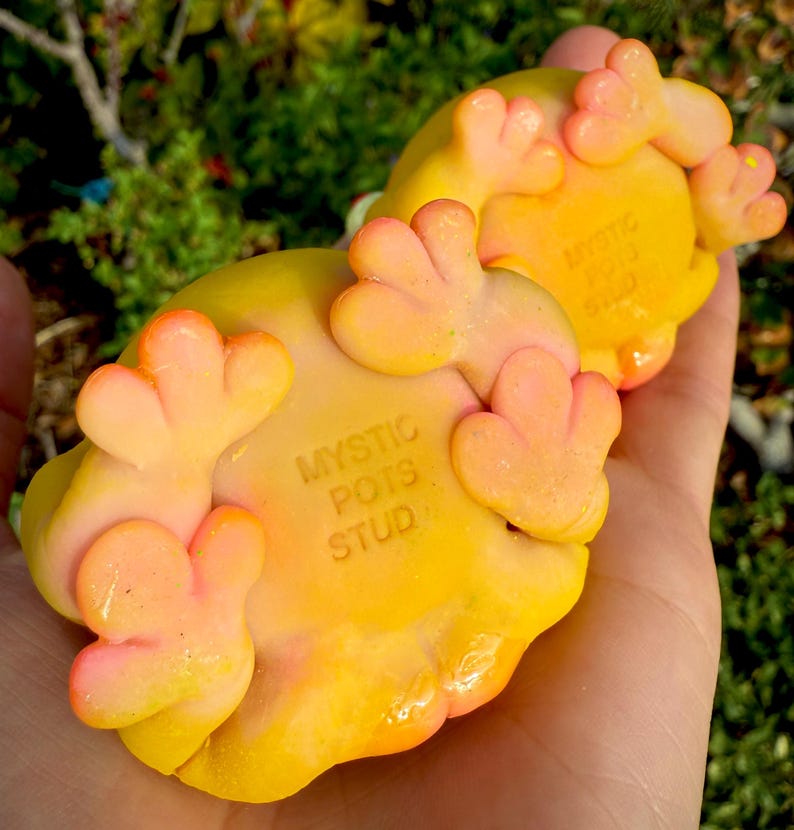 May include: Two yellow frog figurines with orange and pink detailing are held in a hand. The figurines have the text "MYSTIC POTS STUD" on the base. The frogs are in a playful pose, with their feet pointing upwards.