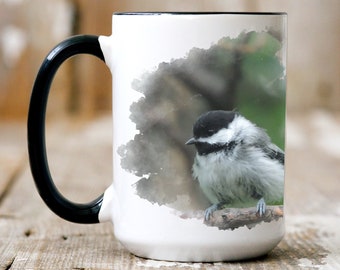 Watercolor Black-Capped Chickadee 11oz and 15oz Accent Mug, Alaskan Coffee Mug, Wildlife Song Bird Gift, Gifts for Bird Lovers