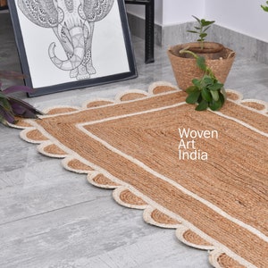 Handmade Scalloped Jute Rug: Braided Area Rug with Off White Trim