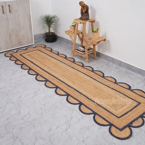 Dywan z juty pleciony ręcznie, ciemnoniebieska, falista bordiura, indyjski dywan w stylu boho