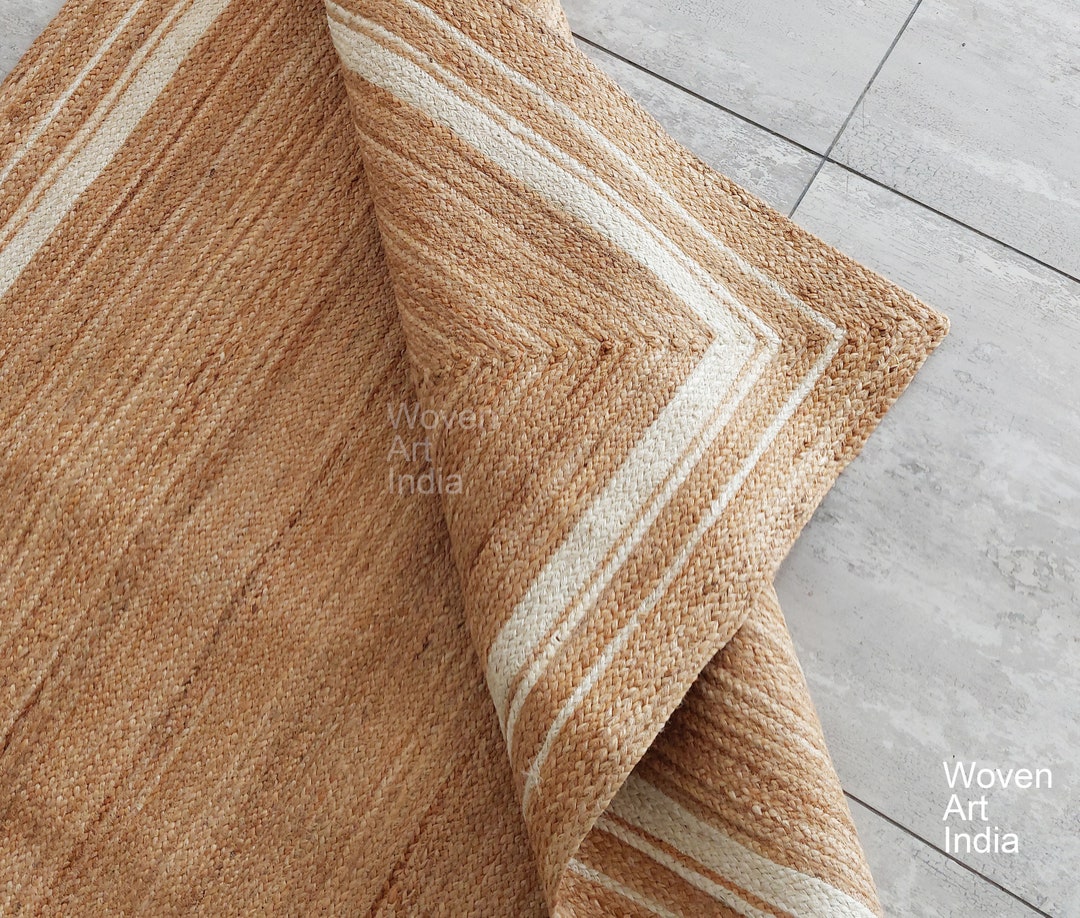 Natural Border Rug Natural Jute Rug, Jute White Border Rug, Bohemian Rug, Braided Area Rug ...