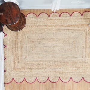 Jute coquilletapijt, roze tapijt met geschulpte rand, handgevlochten tapijt, boho-tapijt, vloerkleed huisdecoratie, bohodecortapijt, rechthoekig tapijt, tapijt aangepast formaat