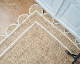 Natürlicher Juteteppich, Teppich mit gewelltem Rand, Boho-Dekorteppich, Geflochtener Teppich, Wollteppich, Geflochtener Teppich