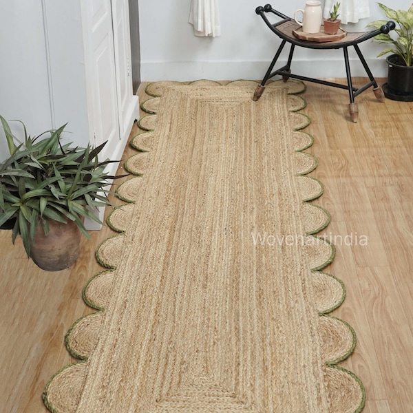 Braided Area Runner, Scallop Natural Jute Runner, Green Scalloped Edge  Runner, Home Décor Rug, Boho Rug, Jute Area Rug, Custom Size Runner