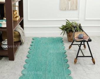 Alfombra de yute natural, alfombra boho de vieira verde azulado, corredor de área trenzada, alfombra de decoración del hogar, alfombra de decoración boho, corredor de vieira de yute verde azulado, alfombra de área de yute