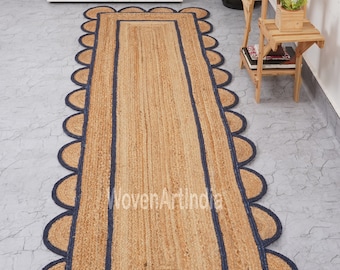 Natural Jute Runner Rug, Scalloped Edge Bohemian Runner Rug, Braided Area Rug, Home Décor Runner Rug, Jute Area Rug, Custom Size Runner Rug