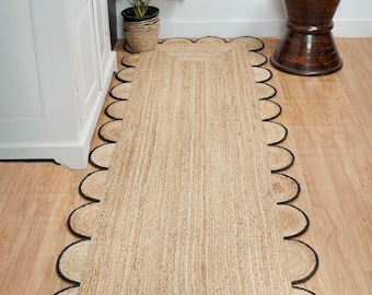 Braided Area Runner, Scallop Natural Jute Runner, Black Scalloped Edge  Runner, Home Décor Rug, Boho Rug, Jute Area Rug, Custom Size Runner