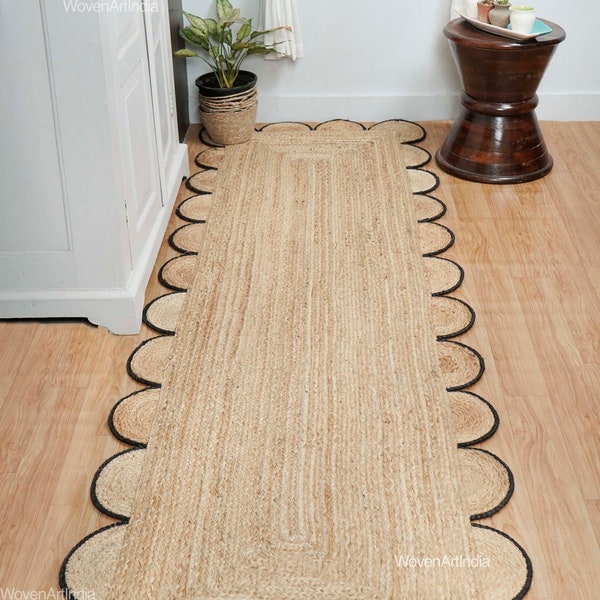 Corredor de área trenzada, corredor de yute natural vieira, corredor de borde festoneado negro, alfombra de decoración del hogar, alfombra boho, alfombra de área de yute, corredor de tamaño personalizado