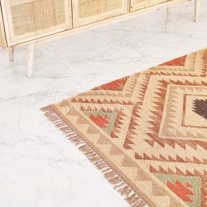Kilim Rug, Handwoven Wool Jute Rug, Bohemian Indian Jute Rug, Moroccan Rug, Boho Jute Rug, Wool & Jute Dhurrie , Indian Wool Jute Kilim Rug