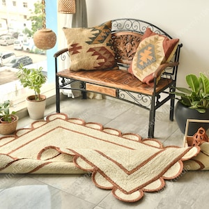 Gebroken wit coquilletapijt van natuurlijke jute, boho-tapijt met geschulpte rand, gevlochten tapijt, huisdecoratietapijt, boho-tapijt, jute tapijt, tapijt aangepast formaat