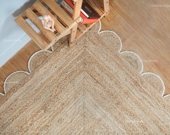 Natürlicher Jakobsmuschelteppich, Teppich mit geflochtener Kante, Boho-Dekorteppich, Wollteppich, Boho-Dekorteppich, Teppich in Sondergrößen